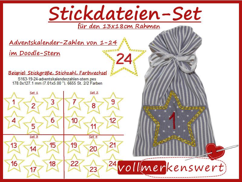 Stickdatei Adventskalender-Zahlen 1-24 im Doodle-Stern 4 Sets Sterne für Weihnachten Adventskalenderzahlen S163